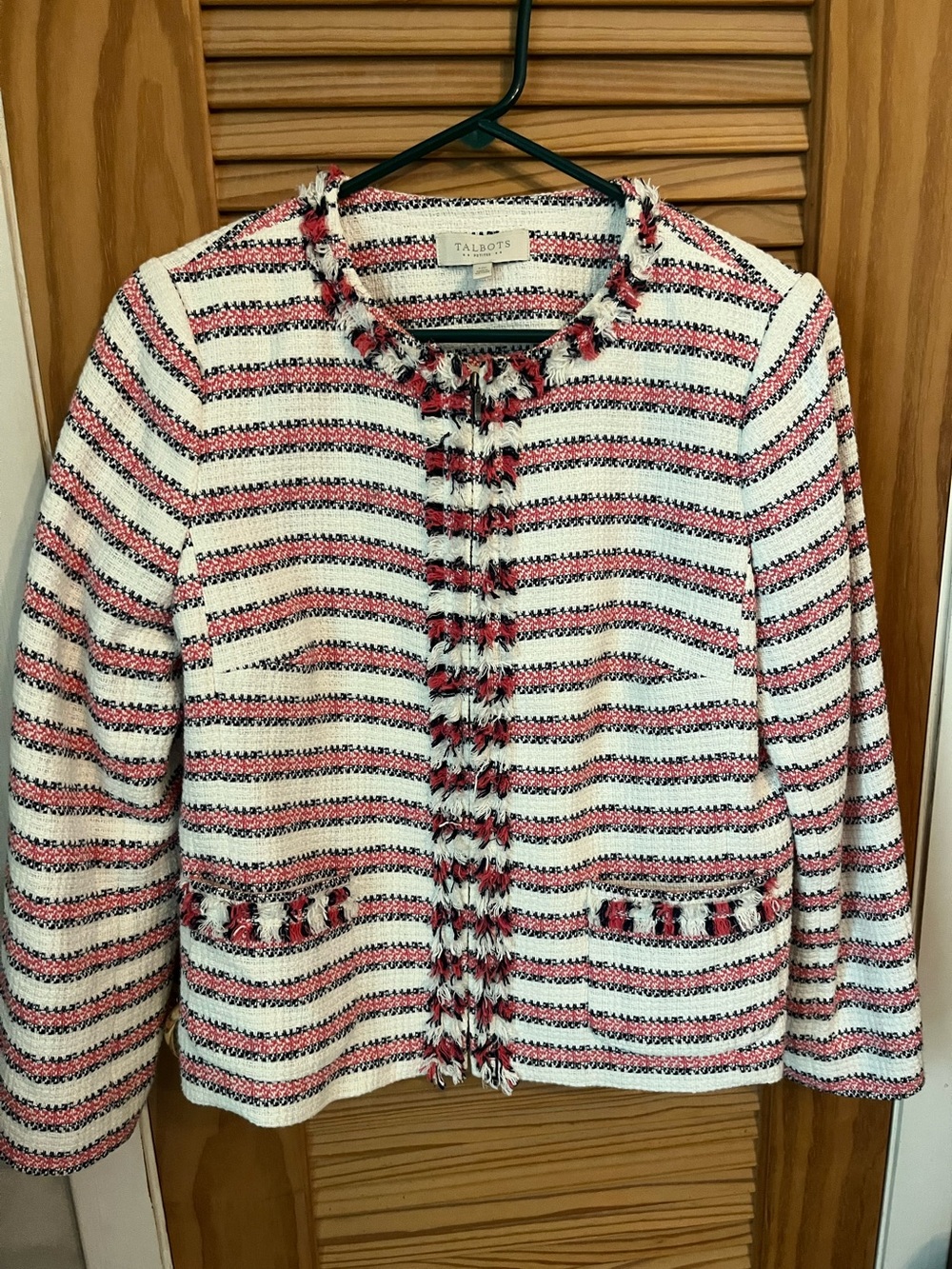 Talbots Soft Red, White & Black Striped Tweed Fringe Jacket